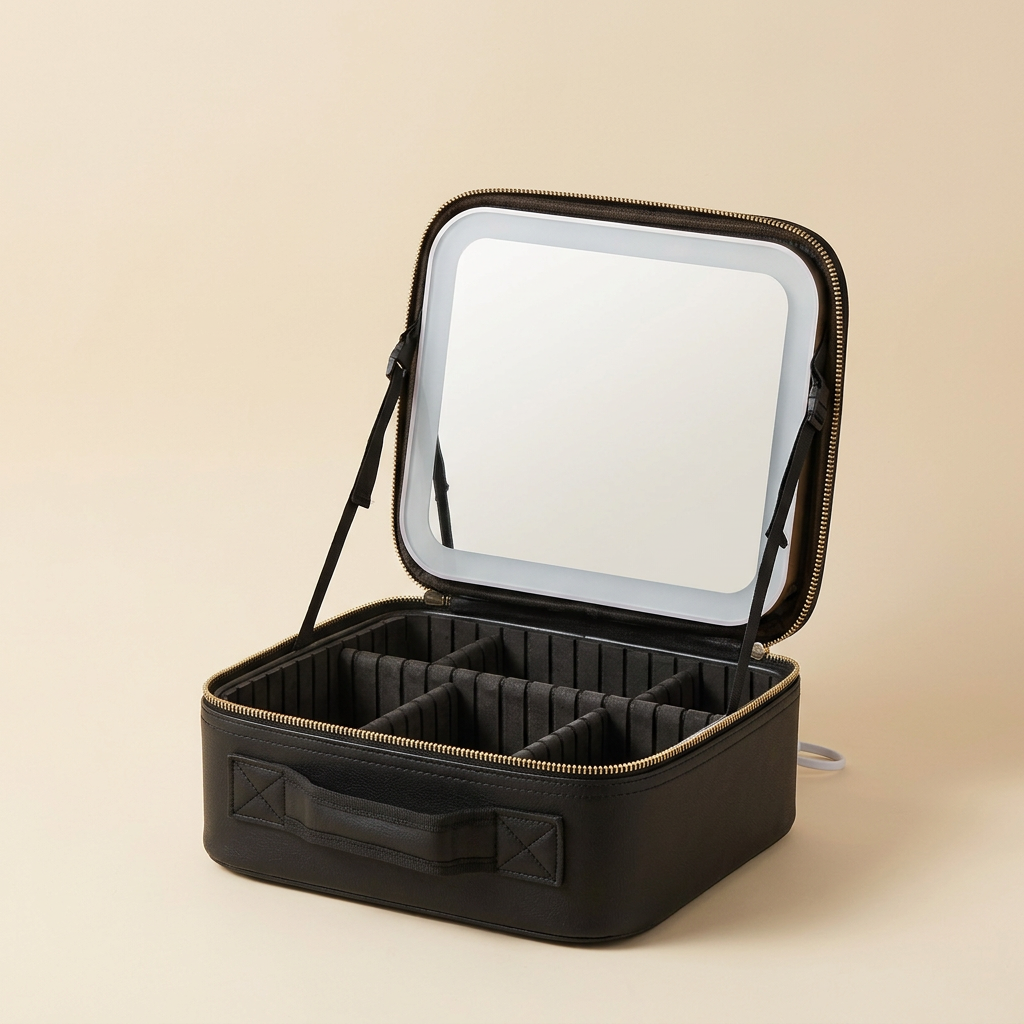 Belle Makeup Case met verlichte spiegel op een beige achtergrond